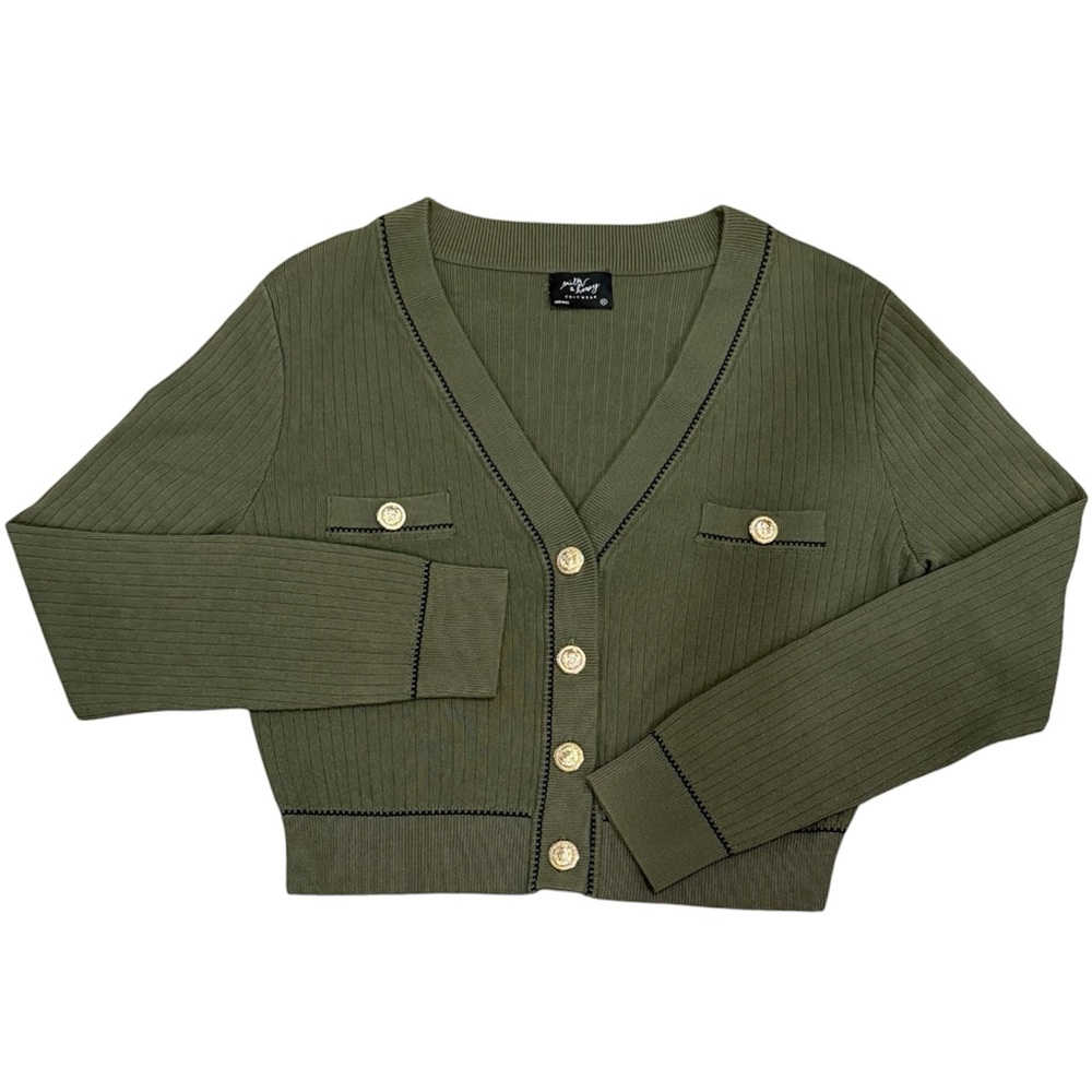 Milk & Honey Knitwear Cardigan Women XL Olive Green Gold Lion Button Preppy - Picture 2 of 7